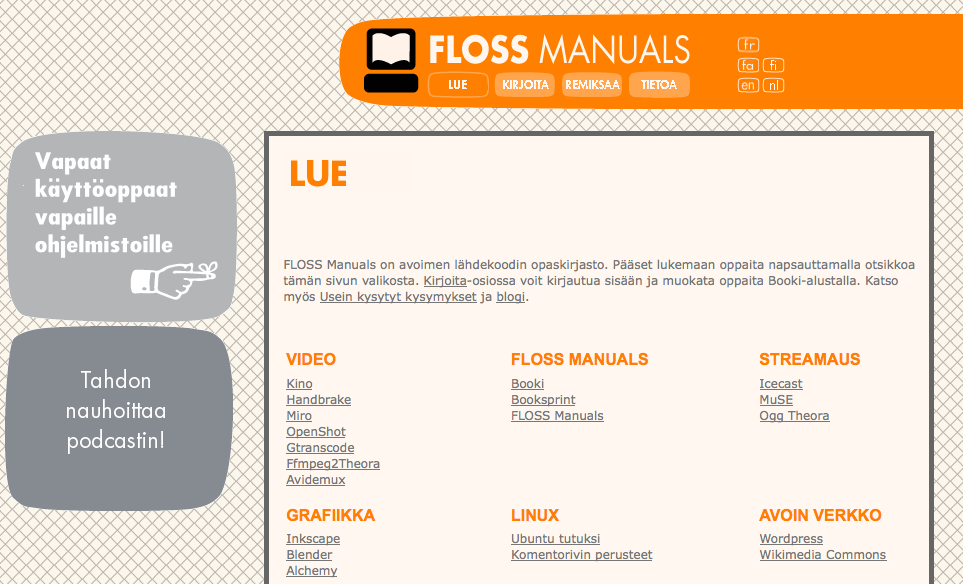 galleryimage:FLOSS Manuals tarjoaa avoimen lähdekoodinoppaita