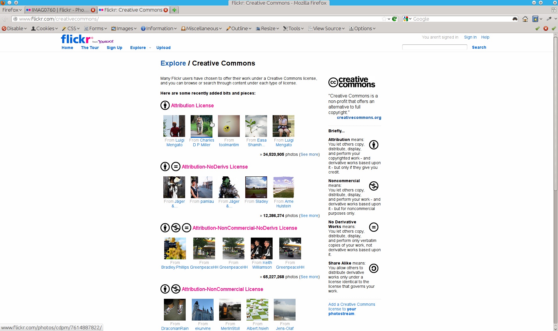 galleryimage:Creative Commons -osion etusivulla on muutamaesimerkkikuva kullakin lisenssillä julkaistusta materiaalista jalyhyet kuvaukset lisenssienominaisuuksista.