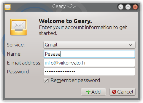 galleryimage:Gearyn käyttö alkaa sähköpostitilin tietojensyötöllä. Gmail- ja Yahoo!-tilien käyttöön muut asetukset ovatvalmiina ja vain nimi, sähköpostiosoite ja salasanatarvitaan.